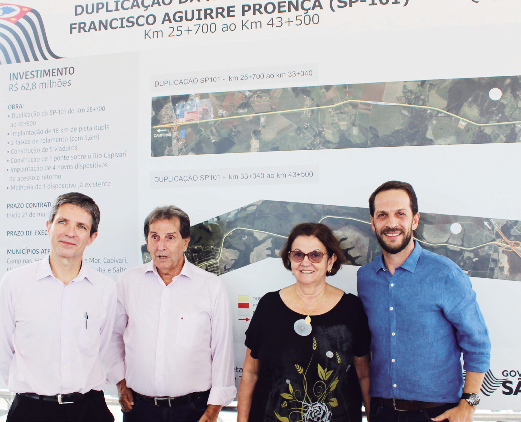 Giovane Penque Filho, diretor geral da Artesp; José Franciso e Alcindinha, filhos do saudoso Francisco Aguirre Proença e o prefeito Rodrigo, durante anuncio da duplicação do trecho da SP 101, de Capivari a Monte Mor
